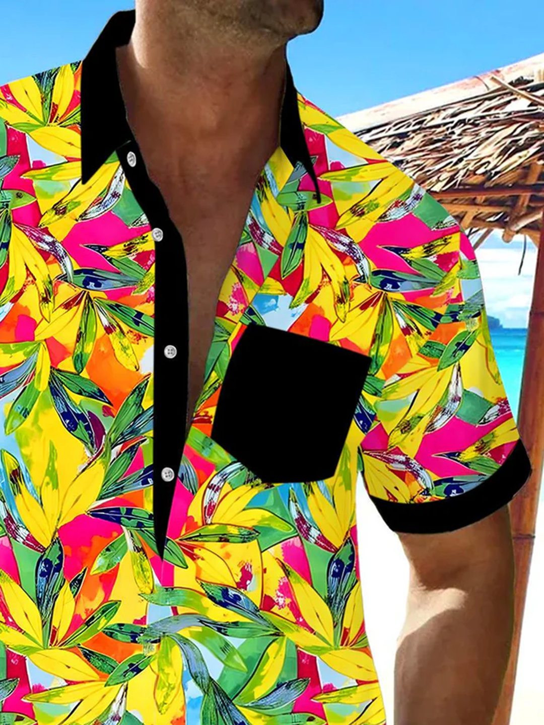 Alohadaddy® Hawaiian Leaf Contrast Art Print with Chest Pocket for Men&