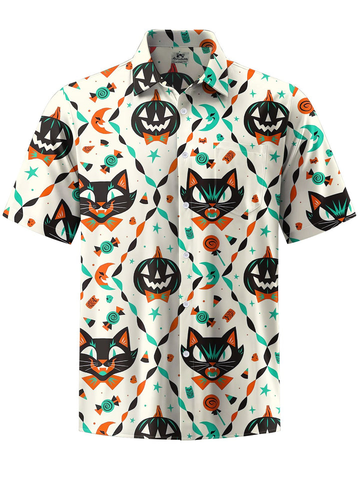 Alohadaddy® Halloween Pumpkin Cat Art Print Chest Pocket Stretch Men&
