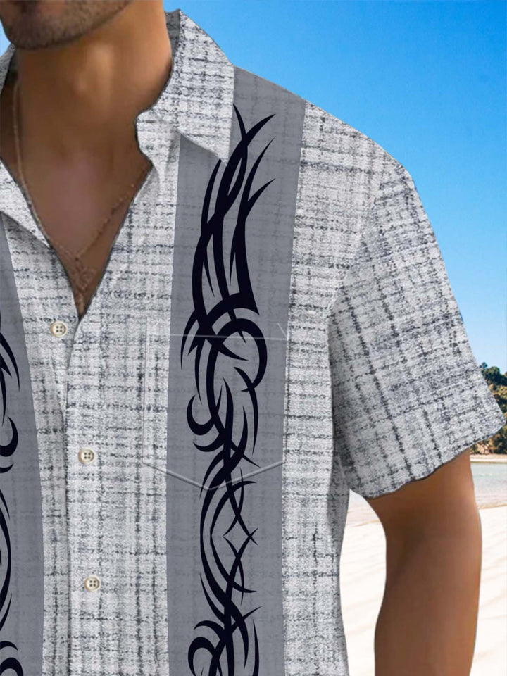 Alohadaddy® Casual Striped Maori Tattoo Art Print Chest Pocket Stretch Men&