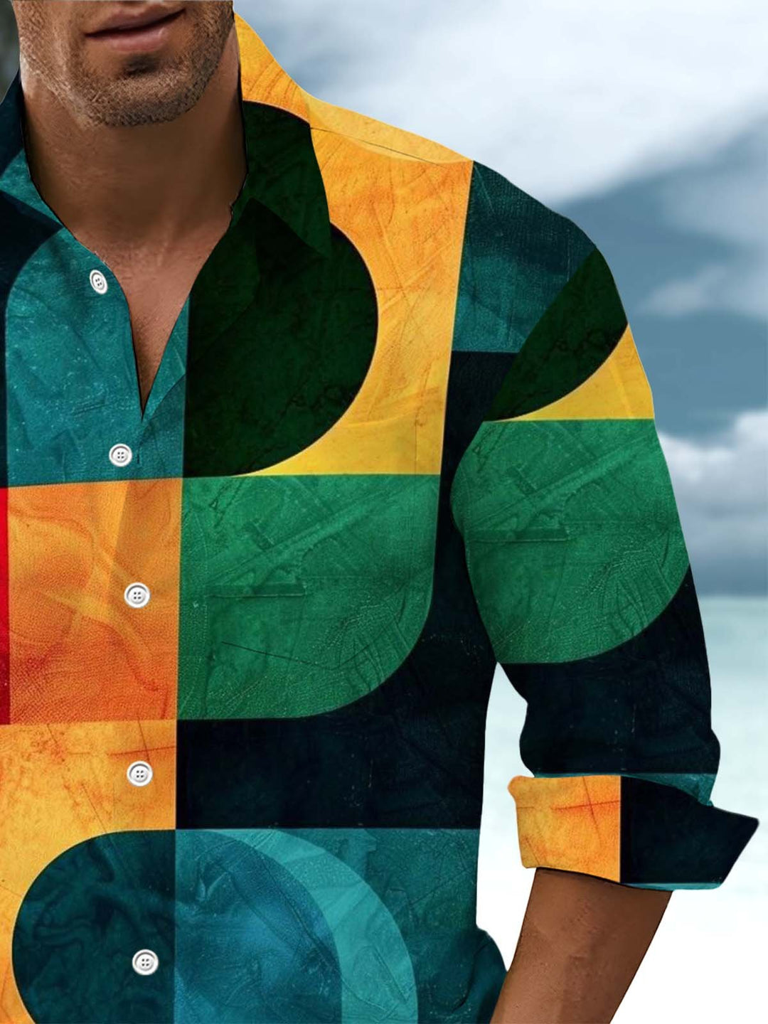 Alohadaddy® Retro Geometric Art Print Chest Pocket Stretch Men&