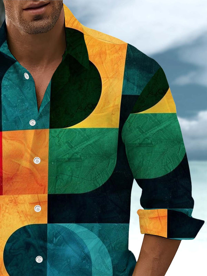 Alohadaddy® Retro Geometric Art Print Chest Pocket Stretch Men&