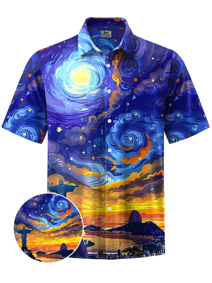Alohadaddy® Vintage Oil Painting Starry Sky Print Art Chest Pocket Men&