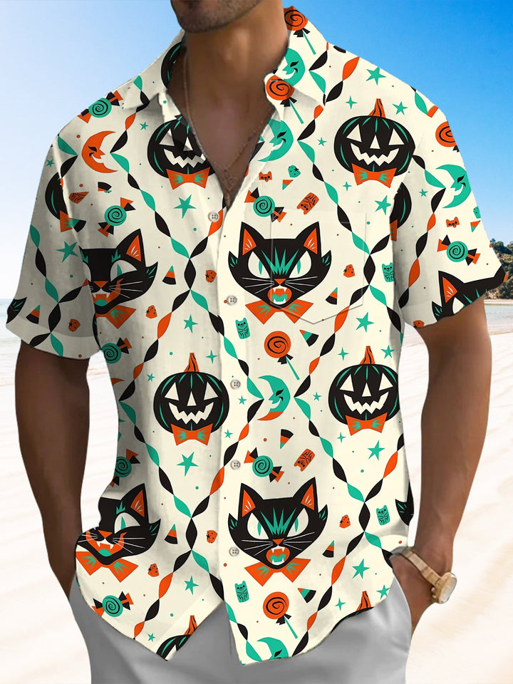 Alohadaddy® Halloween Pumpkin Cat Art Print Chest Pocket Stretch Men&