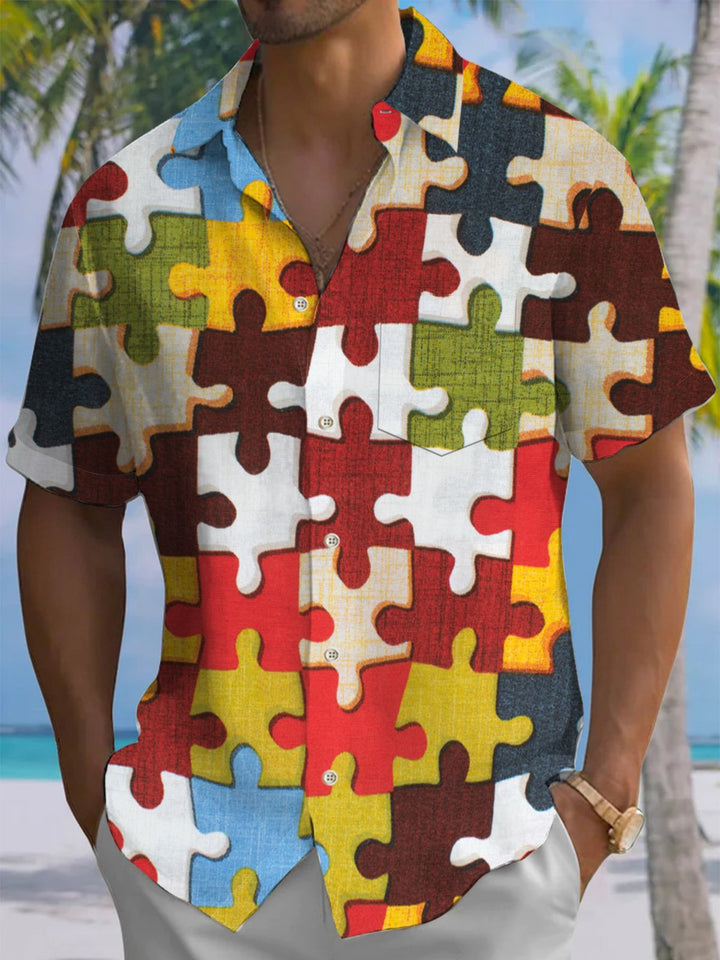 Alohadaddy® Vintage Geometric Puzzle Print Button Pocket Stretch Men&