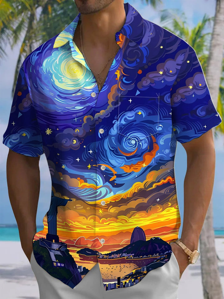 Alohadaddy® Vintage Oil Painting Starry Sky Print Art Chest Pocket Men&