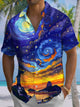 Alohadaddy® Vintage Oil Painting Starry Sky Print Art Chest Pocket Men's Short Sleeve Shirt Big & Tall