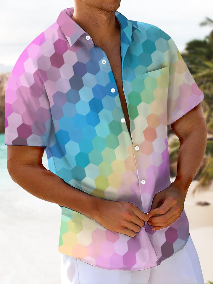 Alohadaddy® Casual Ombre Geometric Art Print Moisture Wicking Chest Pocket Men&