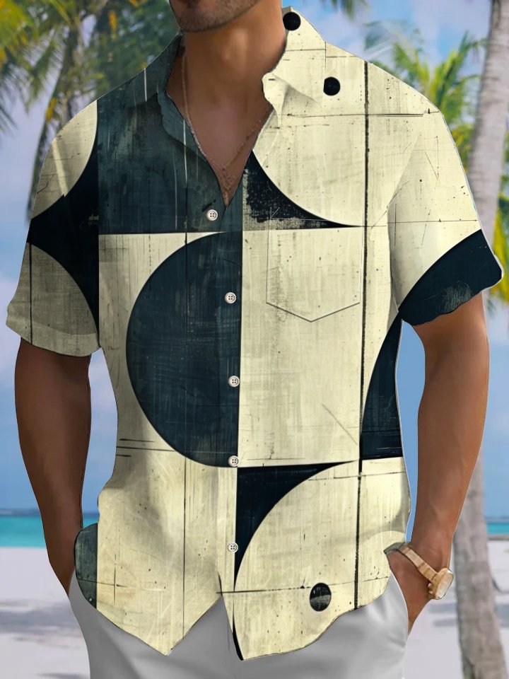 Alohadaddy® Casual Retro Geometric Art Print Chest Pocket Men&