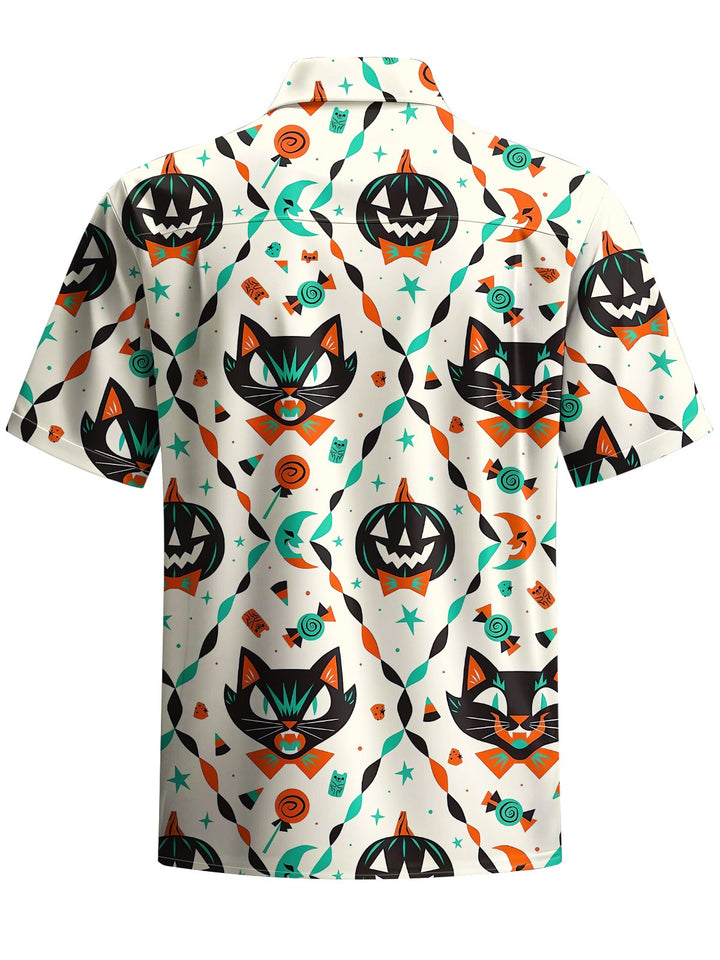 Alohadaddy® Halloween Pumpkin Cat Art Print Chest Pocket Stretch Men&