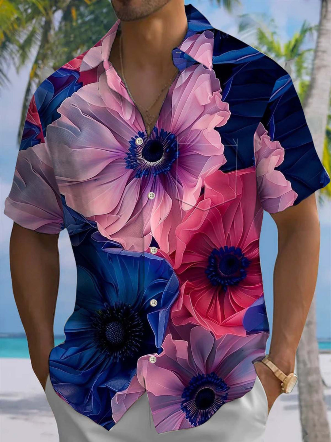 Alohadaddy® Casual Flower Print Art Pocket Stretch Men&