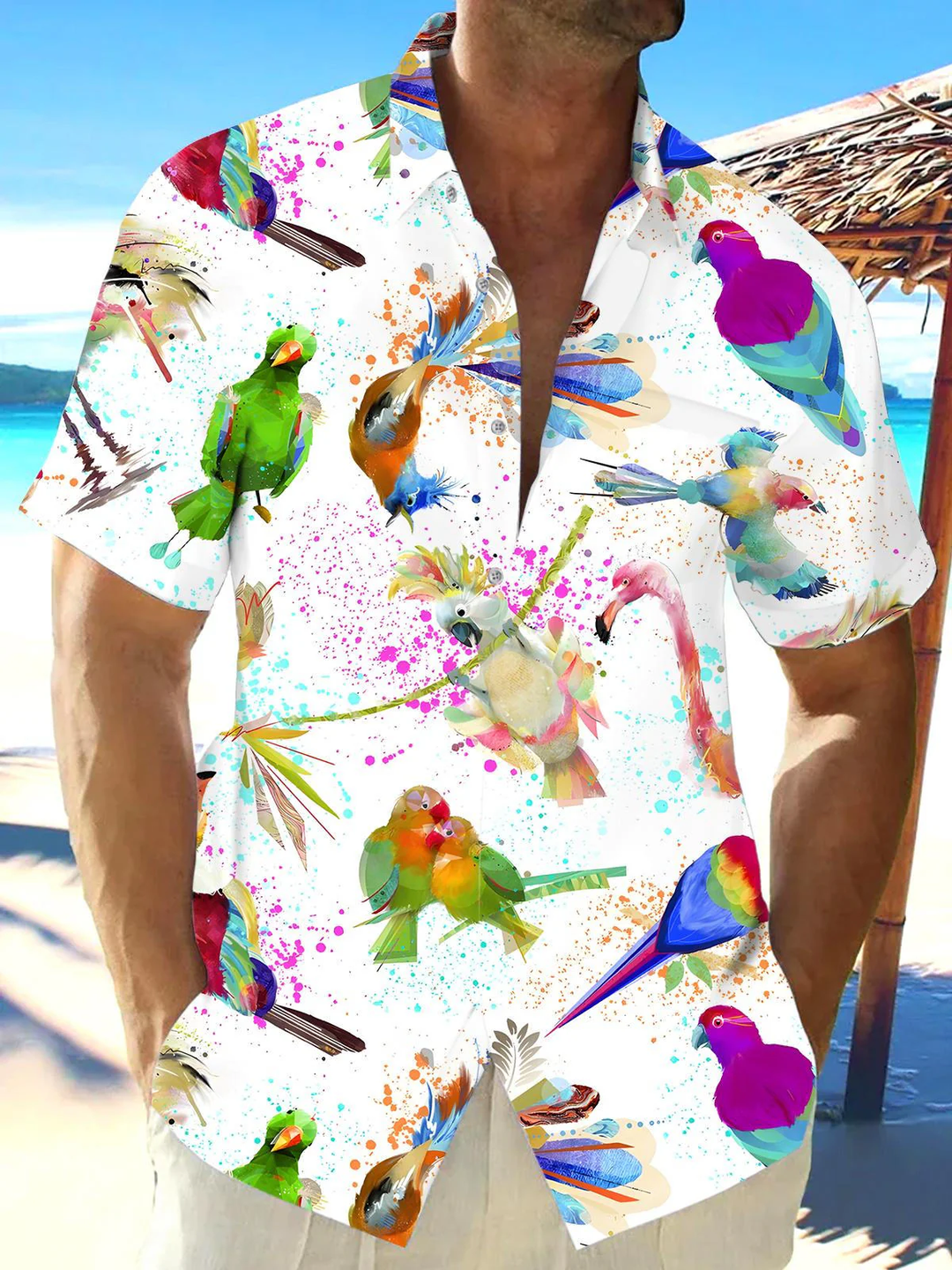 Alohadaddy® Hawaiian Parrot Art Print Chest Pocket Mens Short Sleeve Shirts Big &amp; Tall