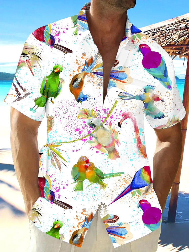 Alohadaddy® Hawaiian Parrot Art Print Chest Pocket Mens Short Sleeve Shirts Big &amp; Tall