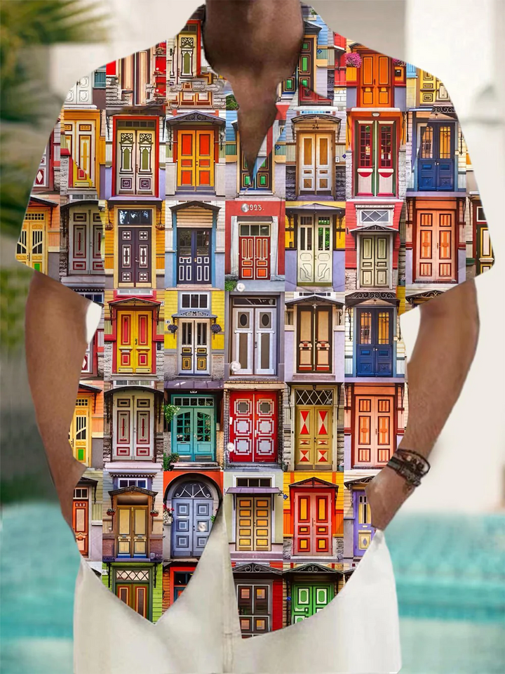 Alohadaddy® Casual Door Geometric Art Print Chest Pocket Men&