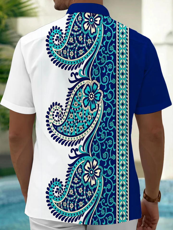 Alohadaddy® Casual Striped Paisley Printed Artwork Chest Pocket Men&