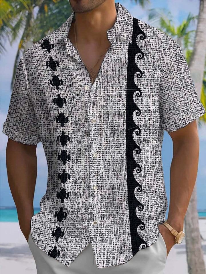Alohadaddy® Casual Turtle Wave Print Chest Pocket Stretch Men&