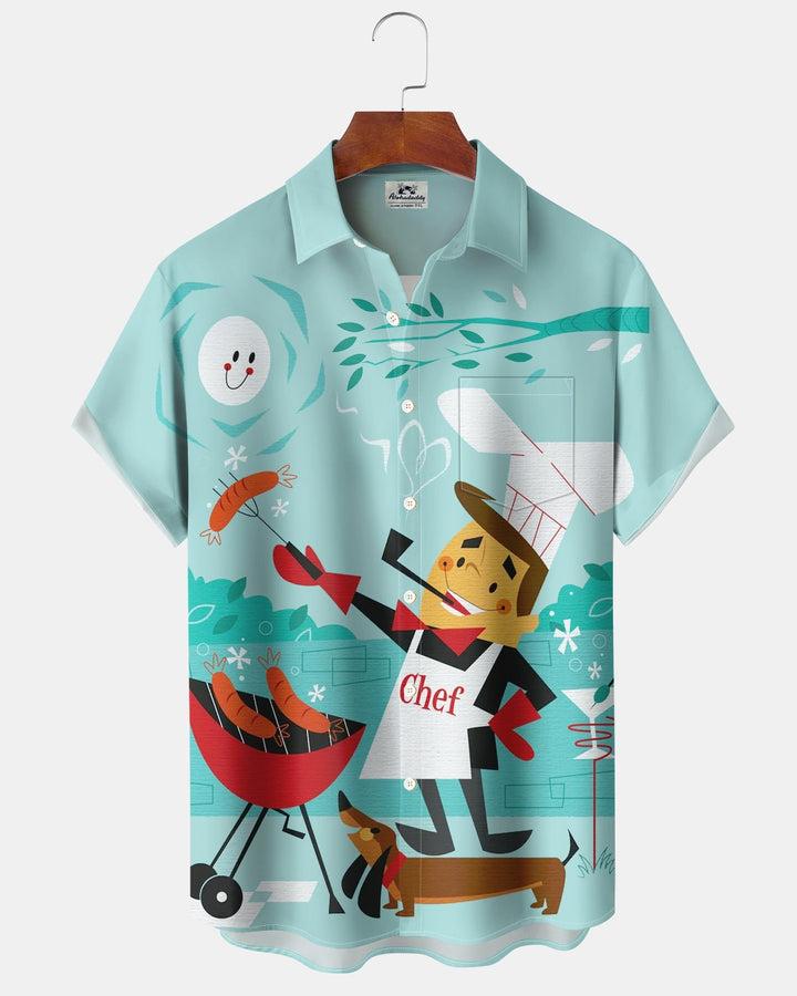 Alohadaddy® Retro Atom Portrait Chef Hot Dog Cartoon Print Men&
