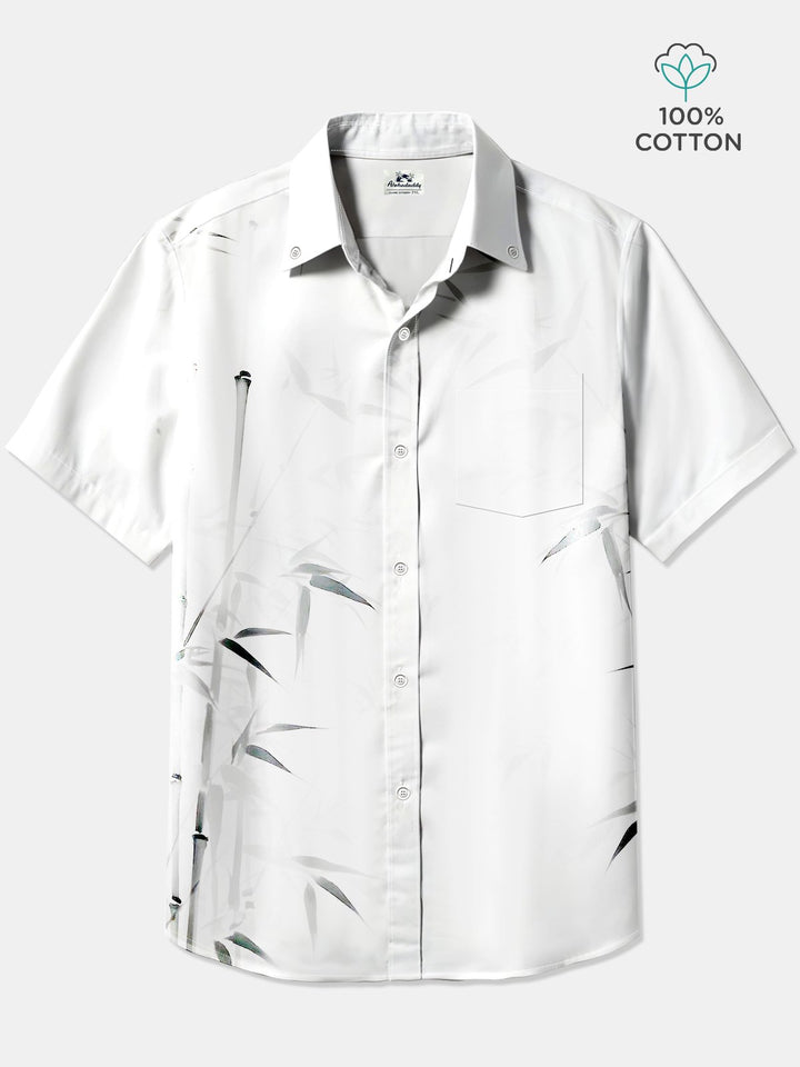 Alohadaddy Cotton Bamboo Ink Painting Art Print Moisture Wicking Chest Pocket Large Size Stretch Hawaiian Short Sleeve Shirt