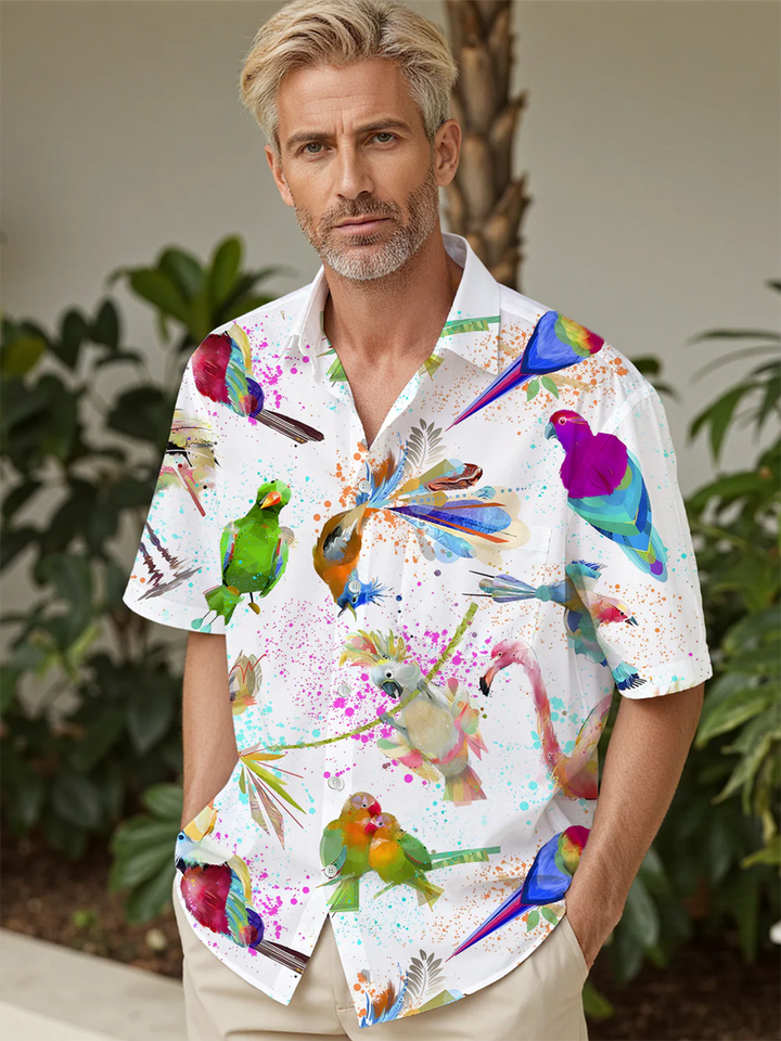 Alohadaddy® Hawaiian Parrot Art Print Chest Pocket Mens Short Sleeve Shirts Big &amp; Tall