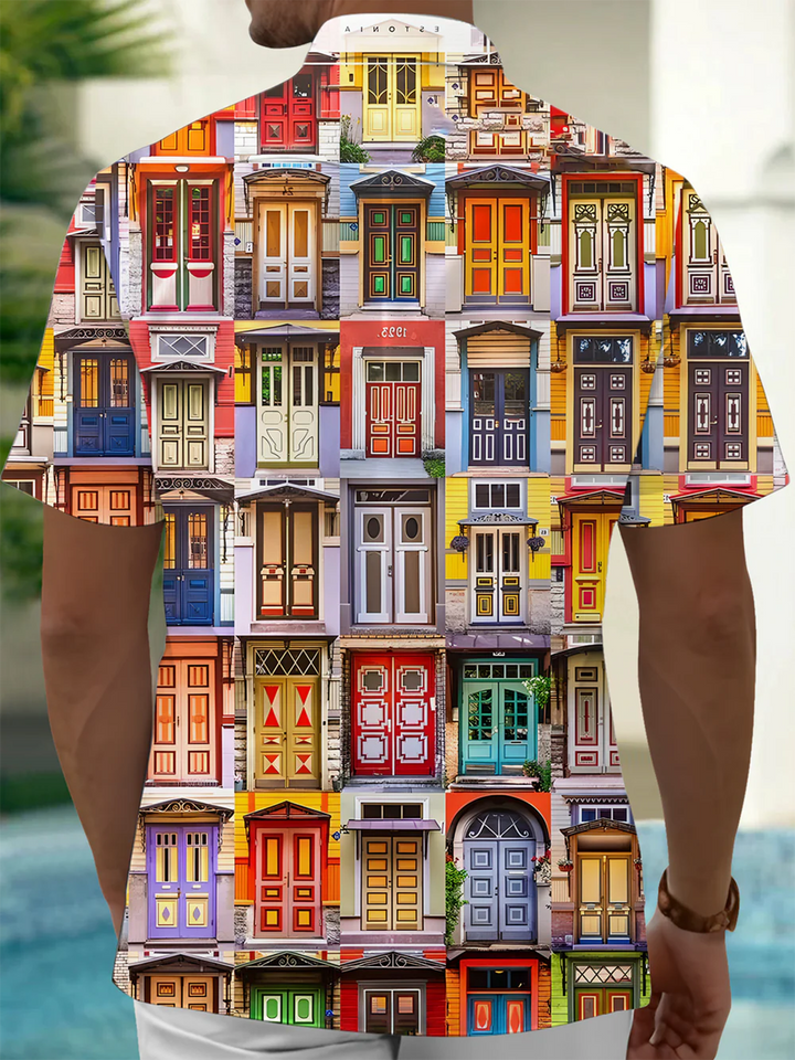 Alohadaddy® Casual Door Geometric Art Print Chest Pocket Men&