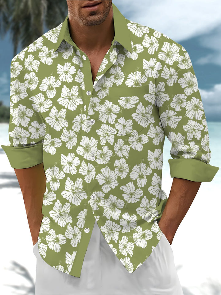Alohadaddy® Casual Floral Contrast Art Print Chest Pocket Mens Long Sleeve Shirt Big &amp; Tall