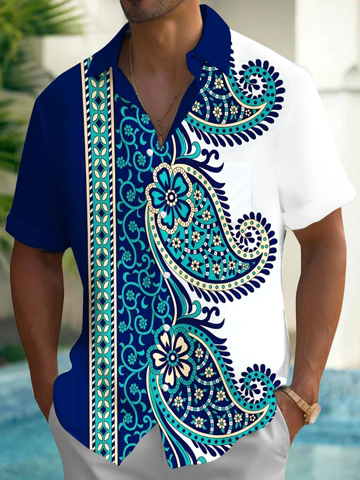 Alohadaddy® Casual Striped Paisley Printed Artwork Chest Pocket Men&