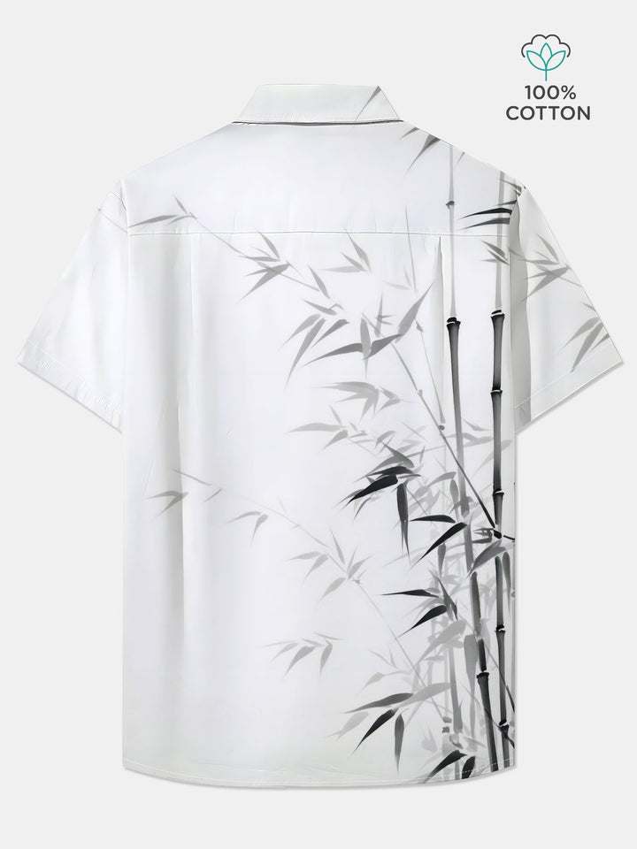 Alohadaddy Cotton Bamboo Ink Painting Art Print Moisture Wicking Chest Pocket Large Size Stretch Hawaiian Short Sleeve Shirt