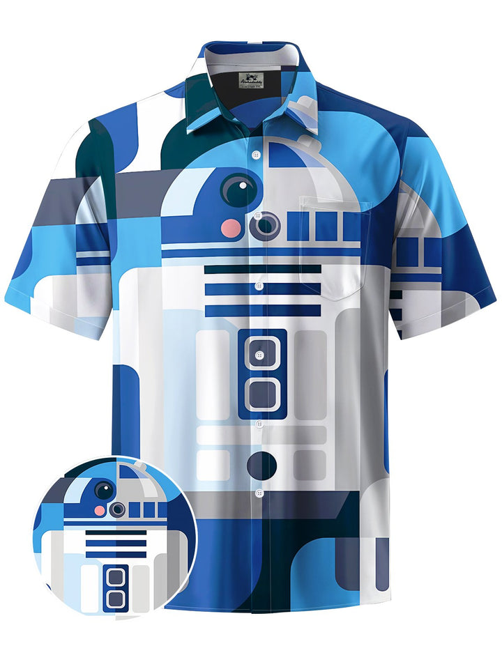 Alohadaddy® Casual Geometric Robot Art Print Chest Pocket Mens Short Sleeve Shirt Big &amp; Tall