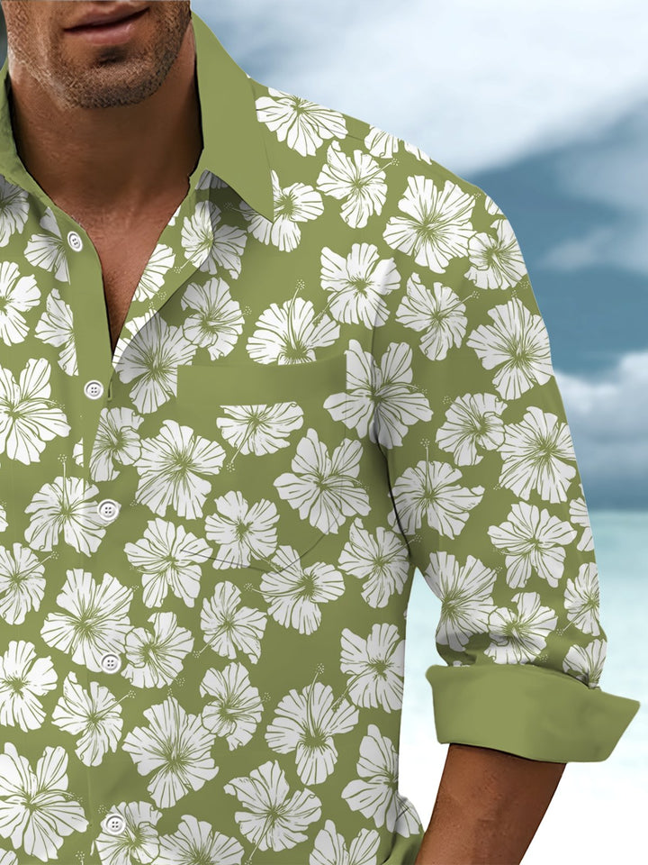 Alohadaddy® Casual Floral Contrast Art Print Chest Pocket Mens Long Sleeve Shirt Big &amp; Tall