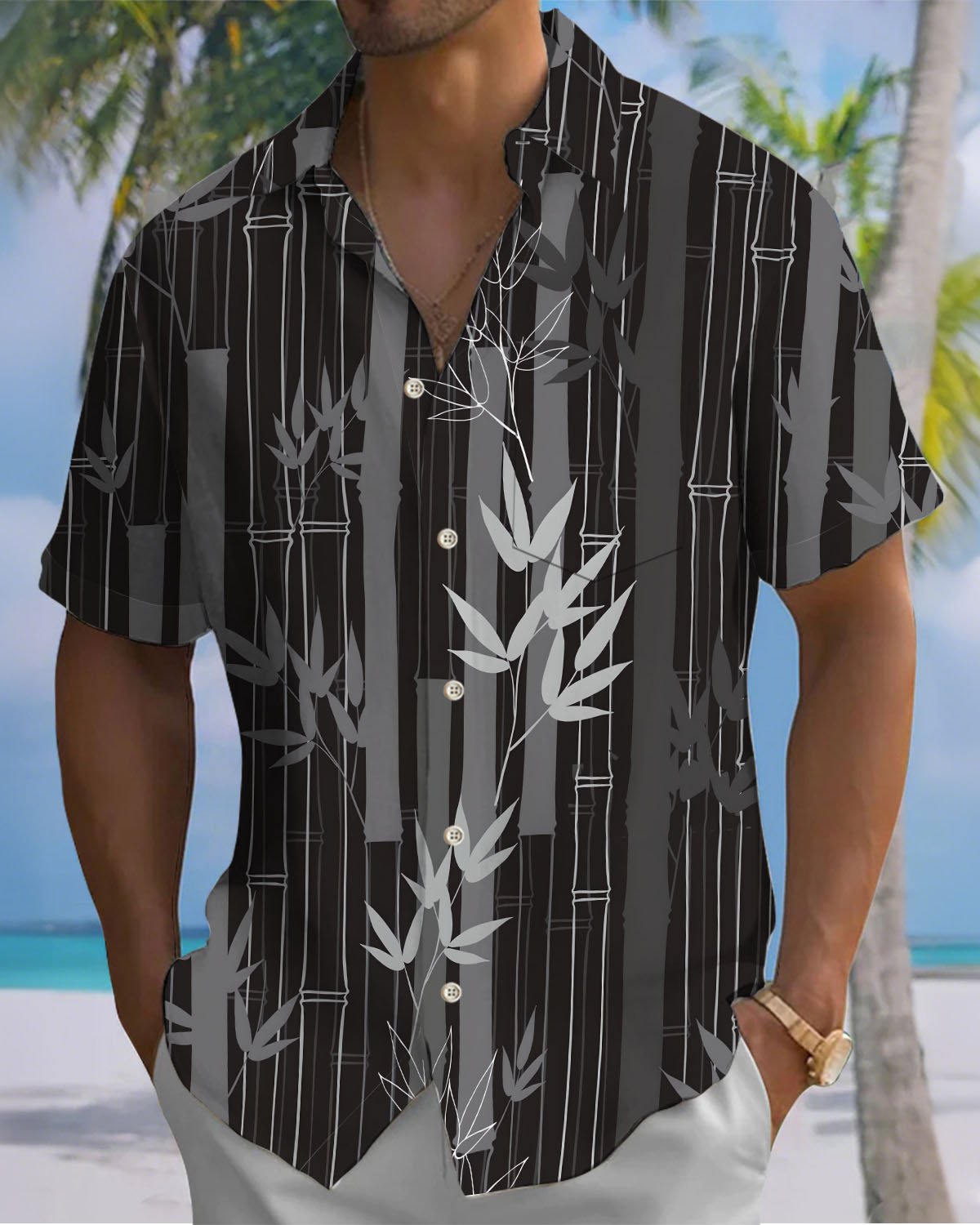 Alohadaddy® Casual Bamboo Print Art Button Pocket Cardigan Men's Short Sleeve Shirt Big & Tall