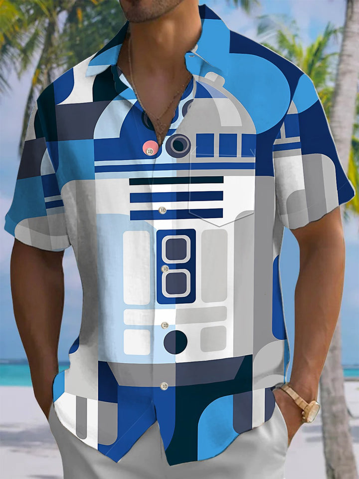 Alohadaddy® Casual Geometric Robot Art Print Chest Pocket Mens Short Sleeve Shirt Big &amp; Tall