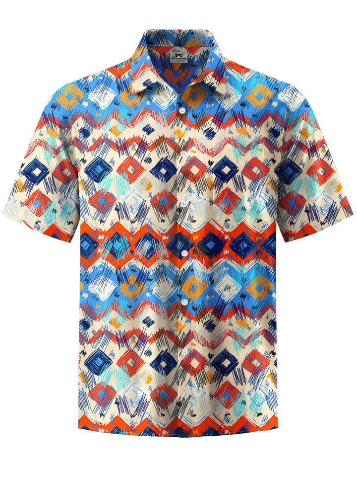Alohadaddy® Casual Retro Geometric Art Print Chest Pocket Men&