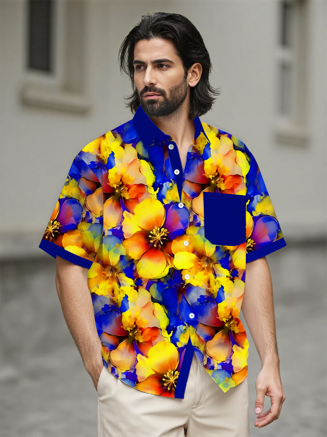 Alohadaddy® Hawaiian Flowers Art Print Chest Pocket Mens Wicking Short Sleeve Shirt Big &amp; Tall