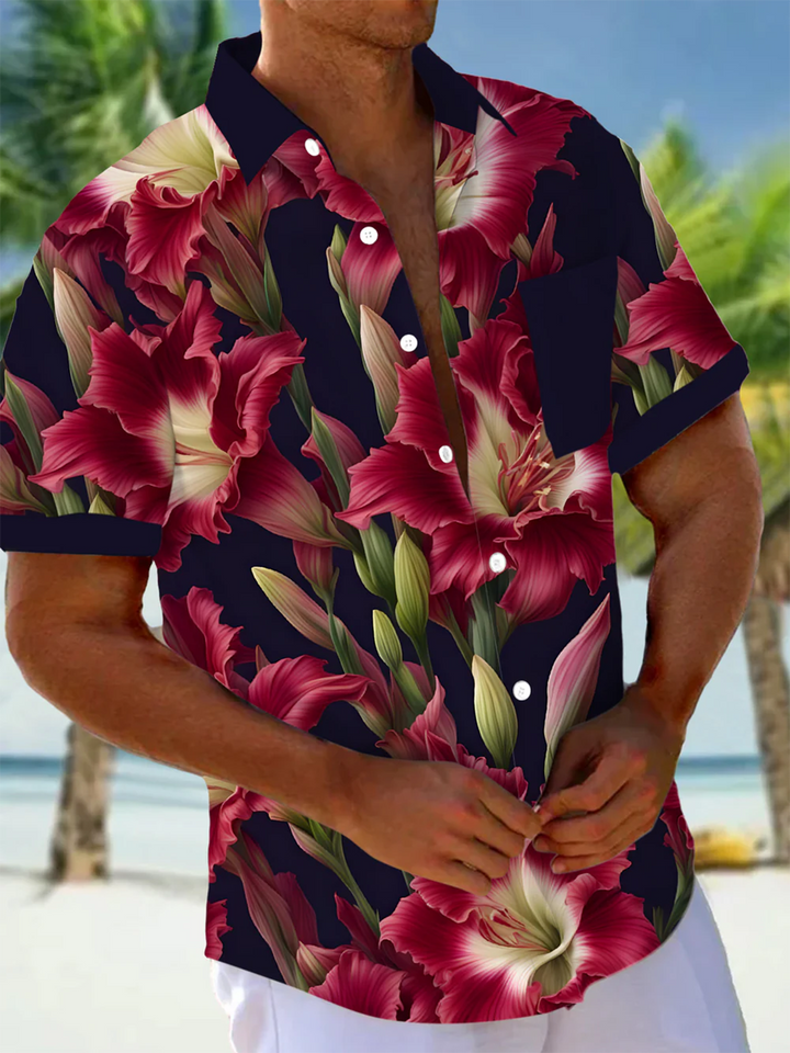 Alohadaddy® Hawaiian Floral Art Print Chest Pocket Mens Short Sleeve Shirt Big &amp; Tall