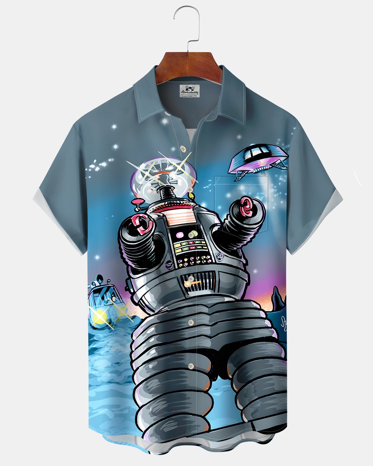 Alohadaddy® Retro Sci-Fi Robot Print Art Button Pocket Cardigan Men's Short Sleeve Shirt Big & Tall