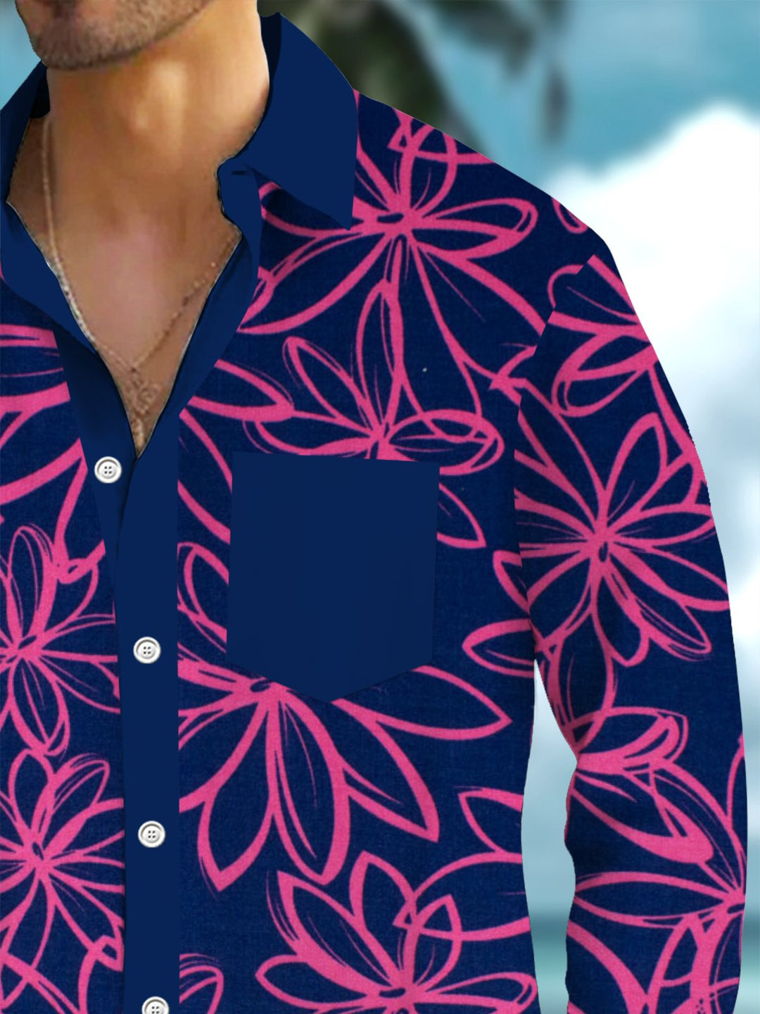 Alohadaddy® Vintage Casual Floral Contrast Art Print Chest Pocket Men&
