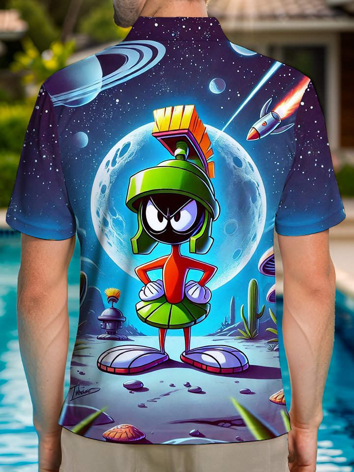 Alohadaddy® Retro Cartoon Martian Art Print Button Stretch Men&