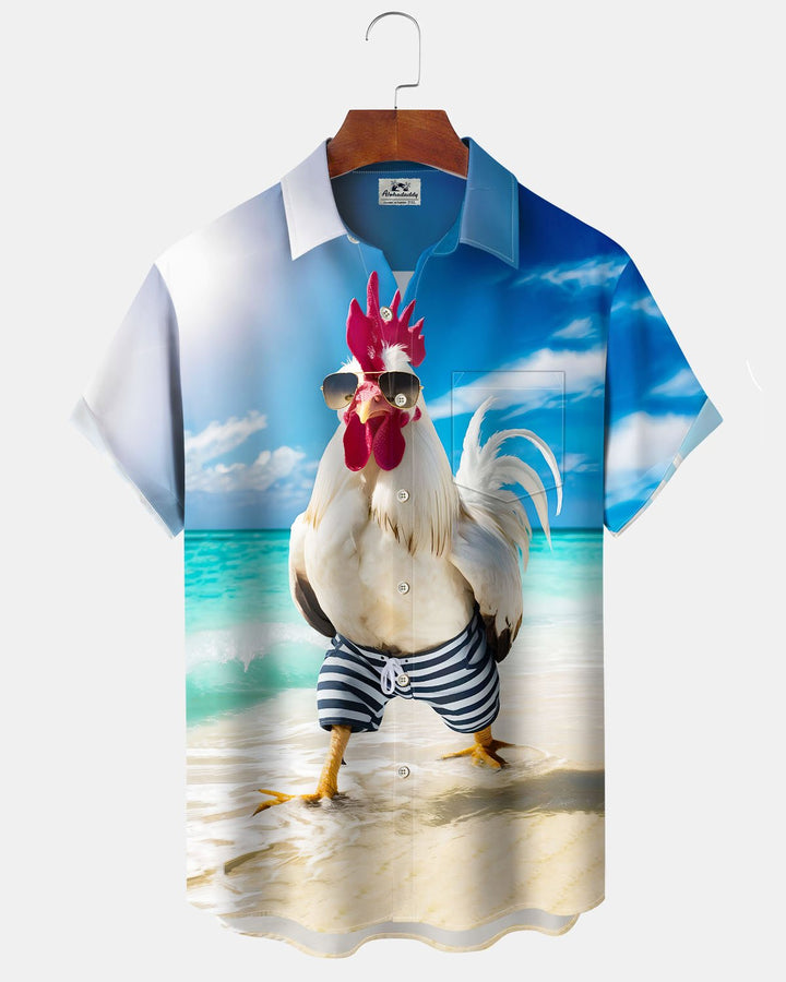 Alohadaddy® Hawaiian Beach Vacation Rooster Print Art Button Cardigan Men&