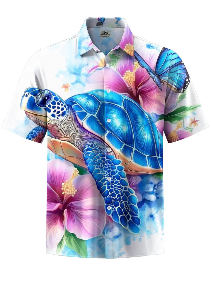 Alohadaddy® Casual Hawaiian Turtle Art Print Chest Pocket Men&