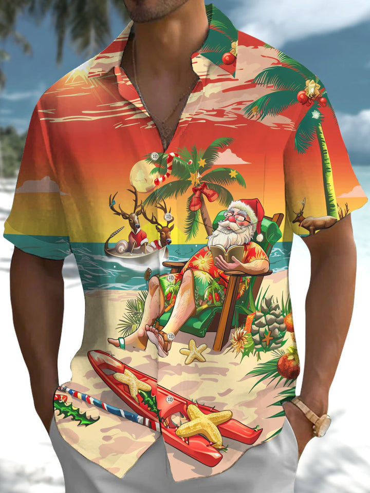 Alohadaddy® Christmas Santa Claus Beach Vacation Printed Pocket Elastic Button Men&