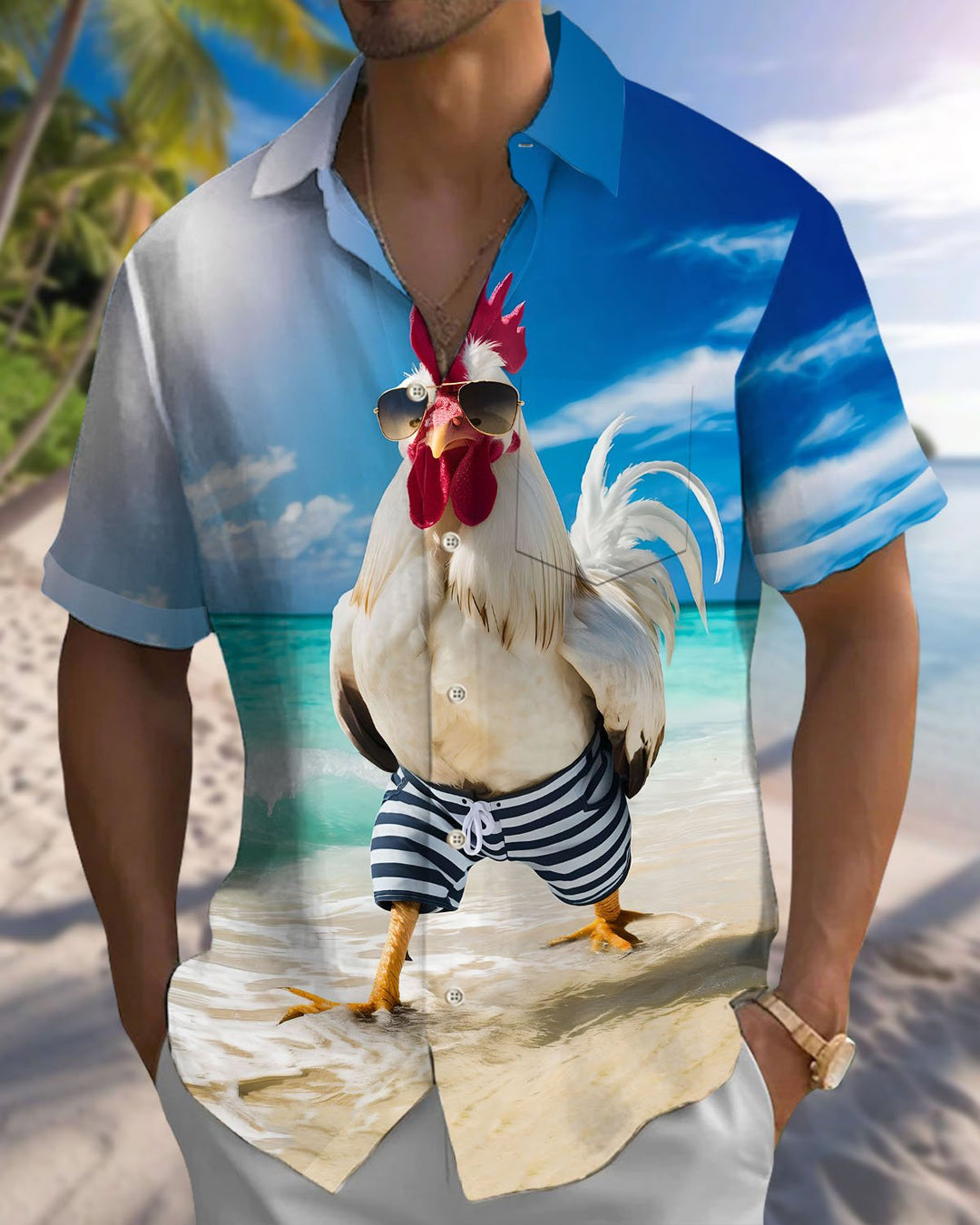 Alohadaddy® Hawaiian Beach Vacation Rooster Print Art Button Cardigan Men&