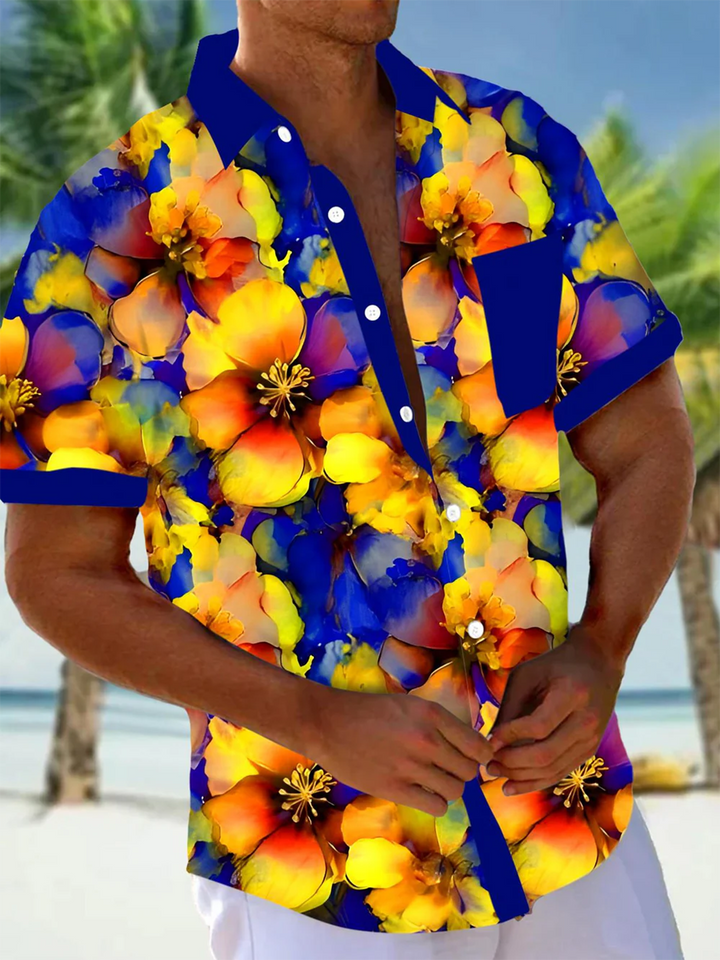 Alohadaddy® Hawaiian Flowers Art Print Chest Pocket Mens Wicking Short Sleeve Shirt Big &amp; Tall