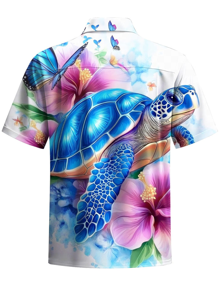 Alohadaddy® Casual Hawaiian Turtle Art Print Chest Pocket Men&