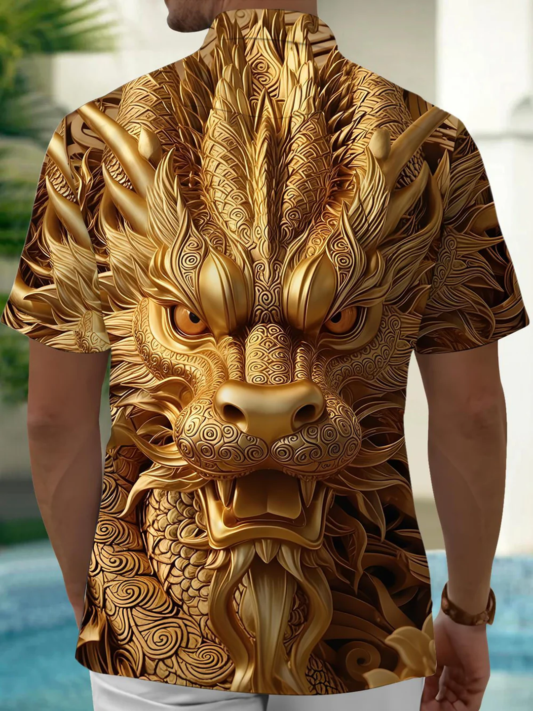 Alohadaddy® Casual Golden Dragon Sculpture Print Art Pocket Stretch Men&
