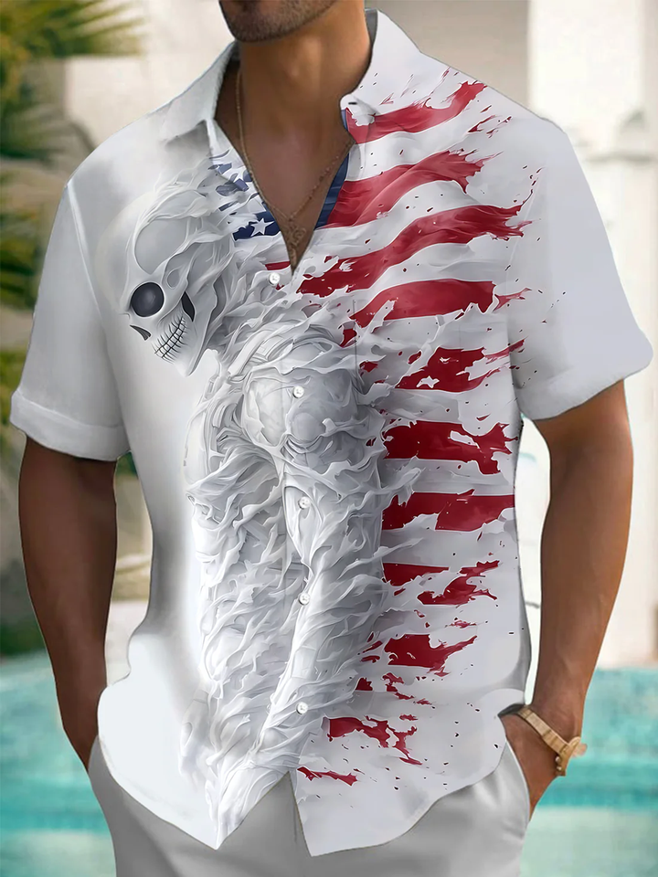 Alohadaddy® Casual Skull Flag Print Chest Pocket Stretch Men&