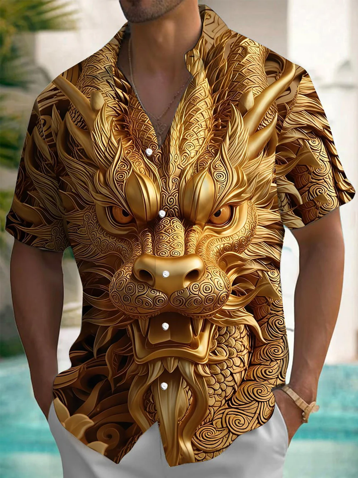 Alohadaddy® Casual Golden Dragon Sculpture Print Art Pocket Stretch Men&
