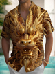 Alohadaddy® Casual Golden Dragon Sculpture Print Art Pocket Stretch Men's Short Sleeve Shirt Big & Tall
