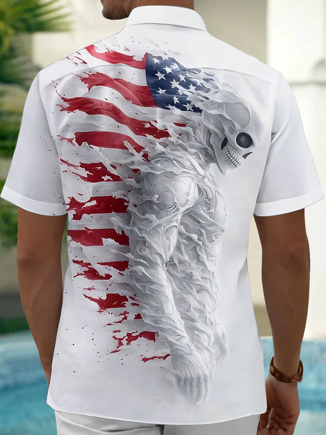 Alohadaddy® Casual Skull Flag Print Chest Pocket Stretch Men&