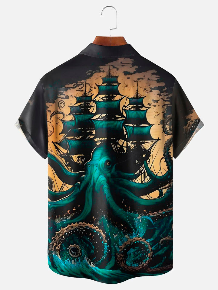 Camisa de manga corta con bolsillo abotonado para hombre, con estampado digital 3D de pulpo náutico y vida marina, estilo vintage de Alohadaddy, talla grande y alta