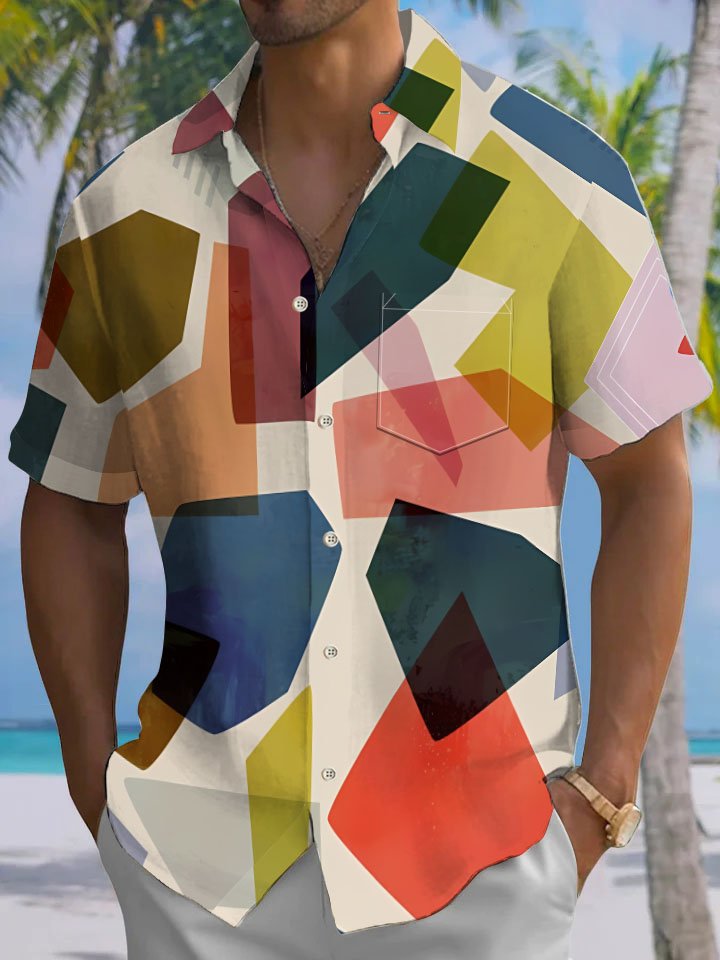 Alohadaddy® Casual Geometric Art Print Chest Pocket Men&