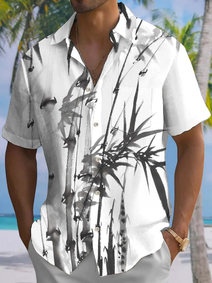 Alohadaddy® Casual Ink Painting Bamboo Print Art Chest Pocket Stretch Men&